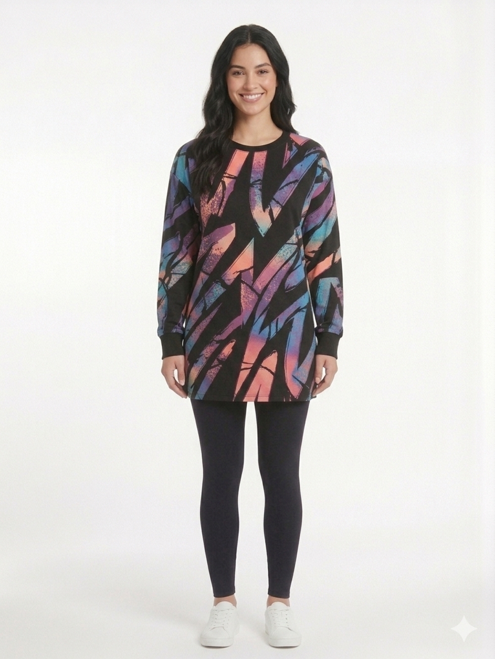 Colorful Abstract Print Long Sleeve Tunic - Black, Purple, Blue, Coral